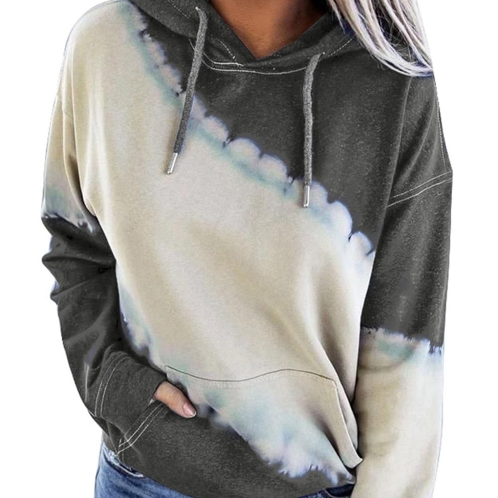 Gray Hooded Tie Dye Print Pocket Casual Sweatshirt